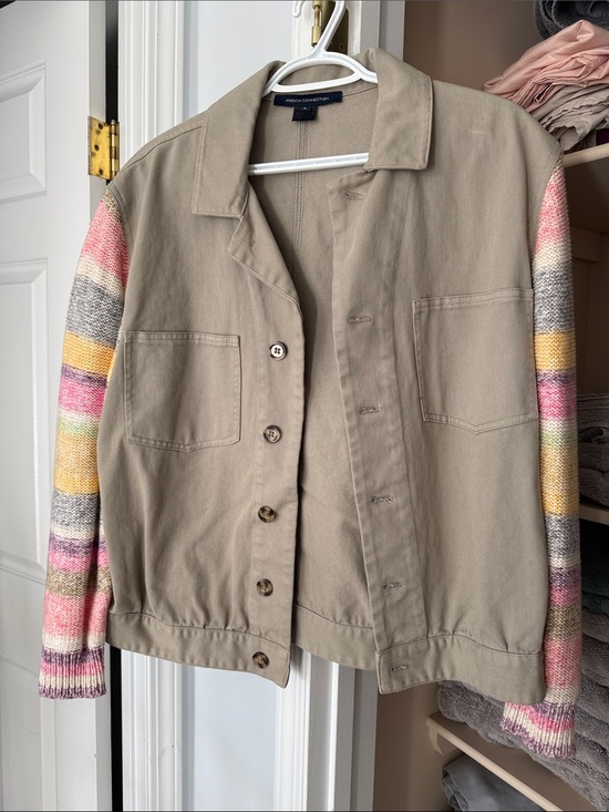 French Connection Jackets & Blazers - French Connection Beige Utility Jacket with Multicolor Striped Knit Sleeves